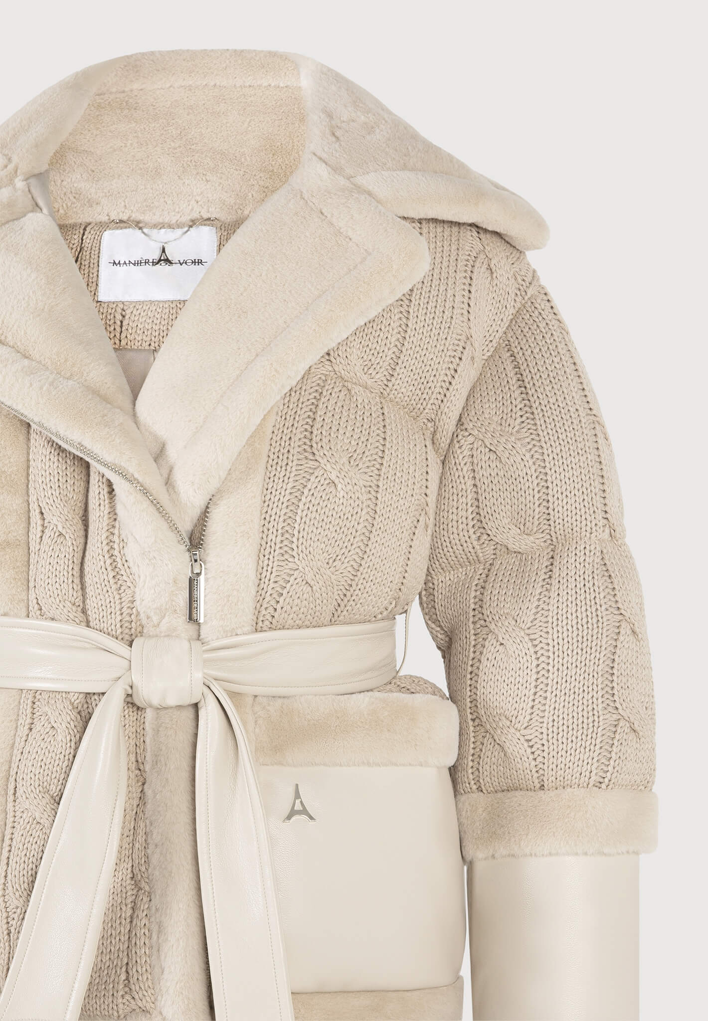 Tara - Knit and Plush Puffer Biker Jacket - Beige