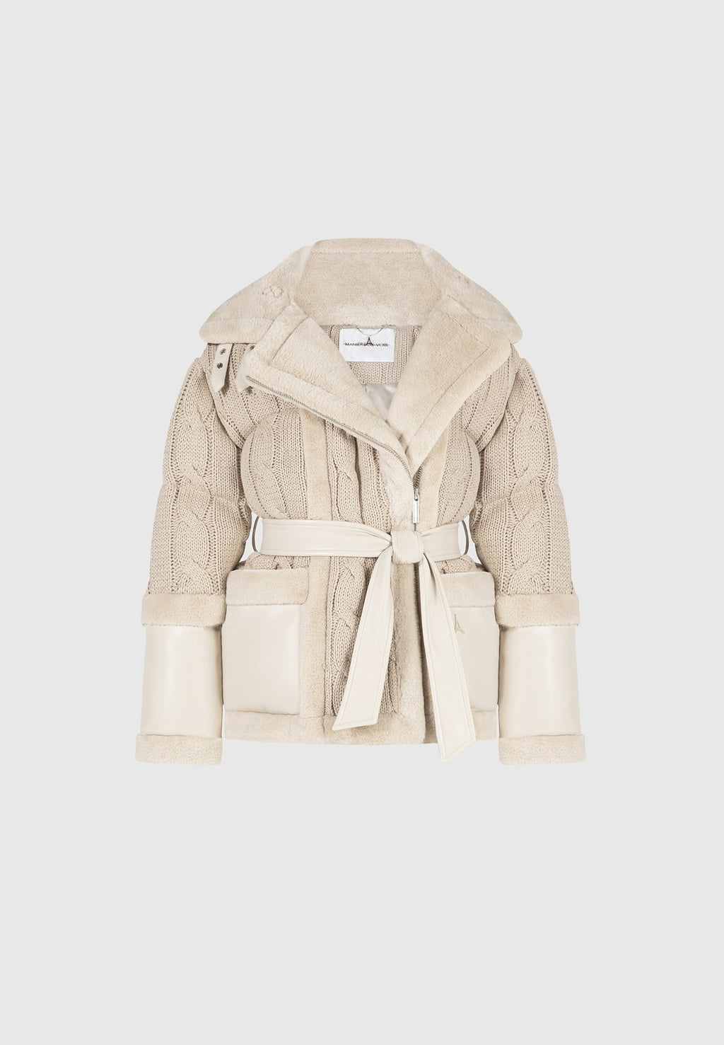 Tara - Knit and Plush Puffer Biker Jacket - Beige