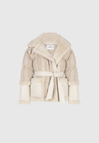 Tara - Knit and Plush Puffer Biker Jacket - Beige