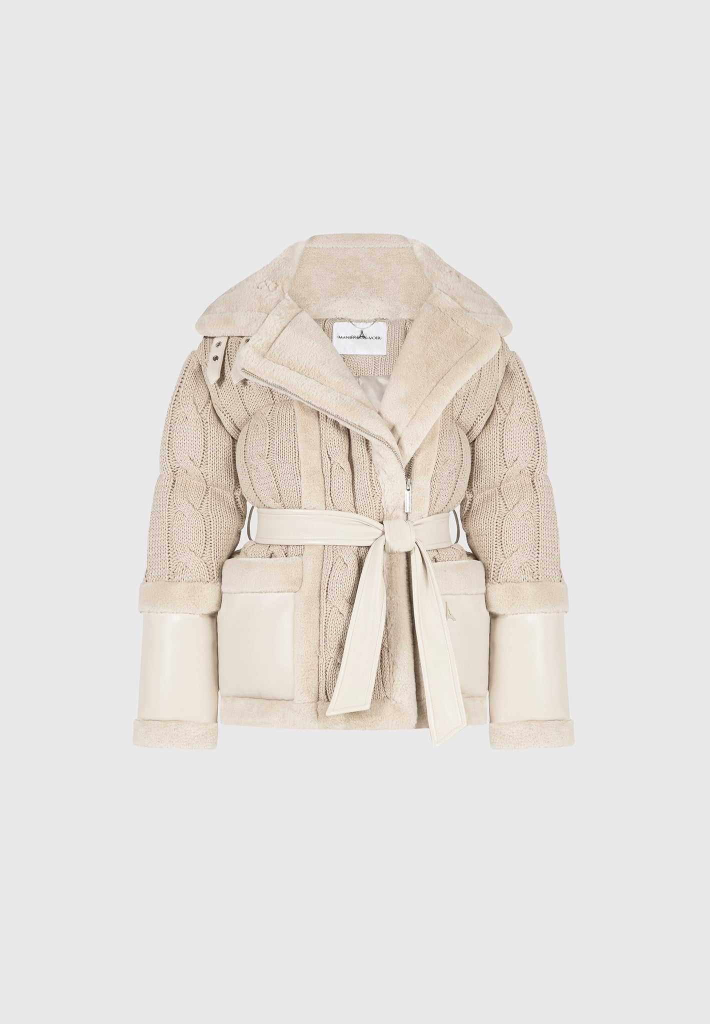 Tara - Knit and Plush Puffer Biker Jacket - Beige