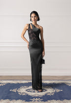 Satin and Lace Midaxi Dress - Black