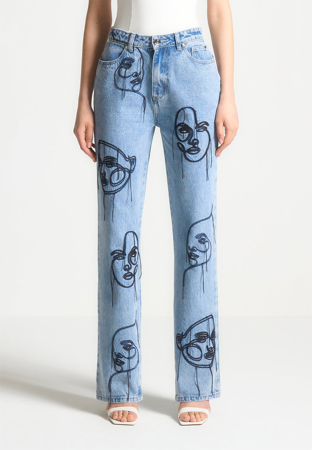 Audrey - Line Art Straight Leg Jeans - Mid Blue