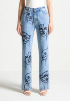 Audrey - Line Art Straight Leg Jeans - Mid Blue