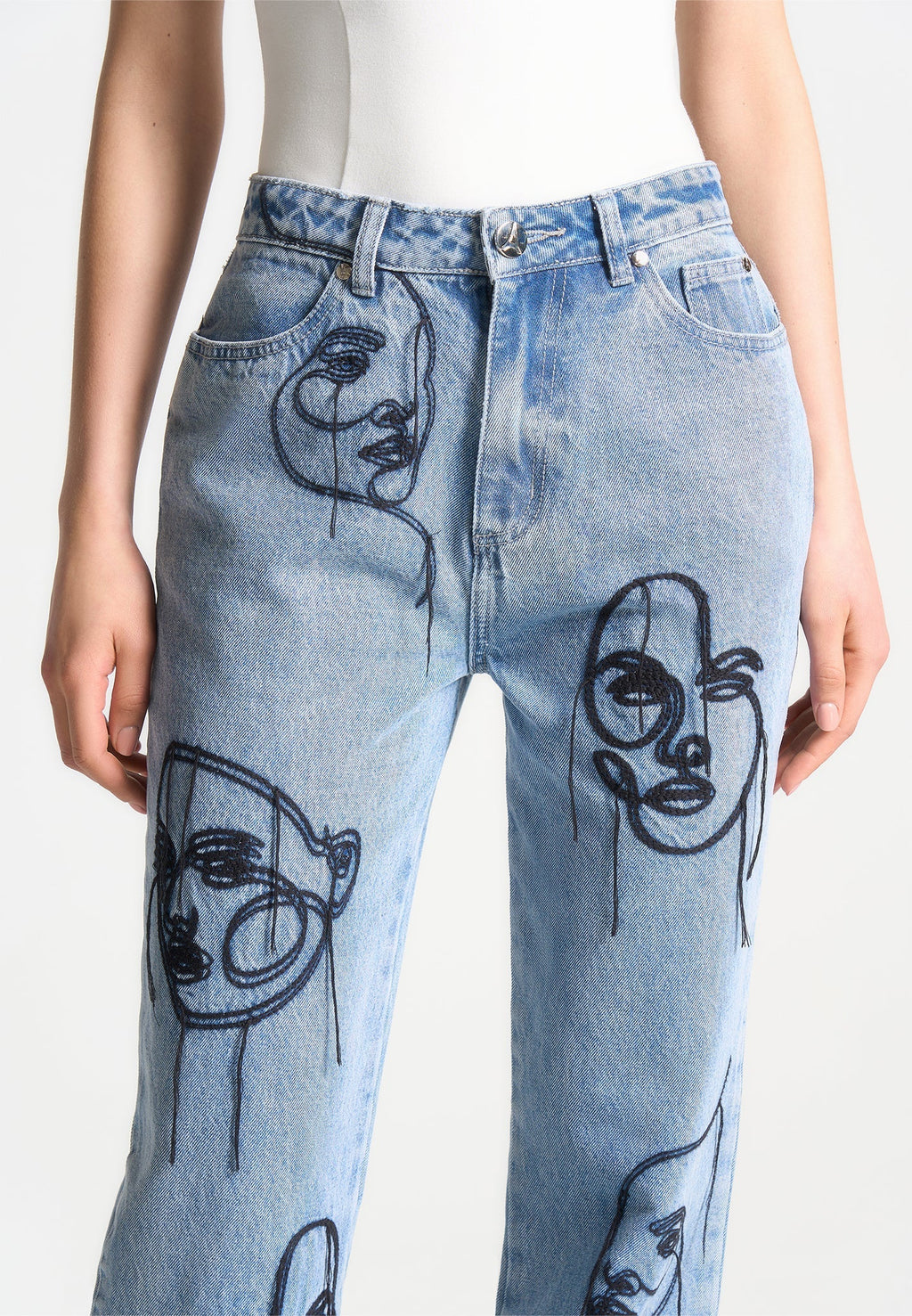 Audrey - Line Art Straight Leg Jeans - Mid Blue