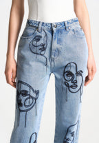 Audrey - Line Art Straight Leg Jeans - Mid Blue