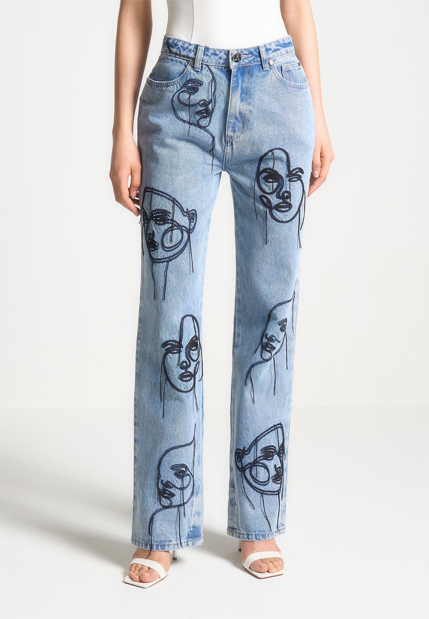 Audrey - Line Art Straight Leg Jeans - Mid Blue
