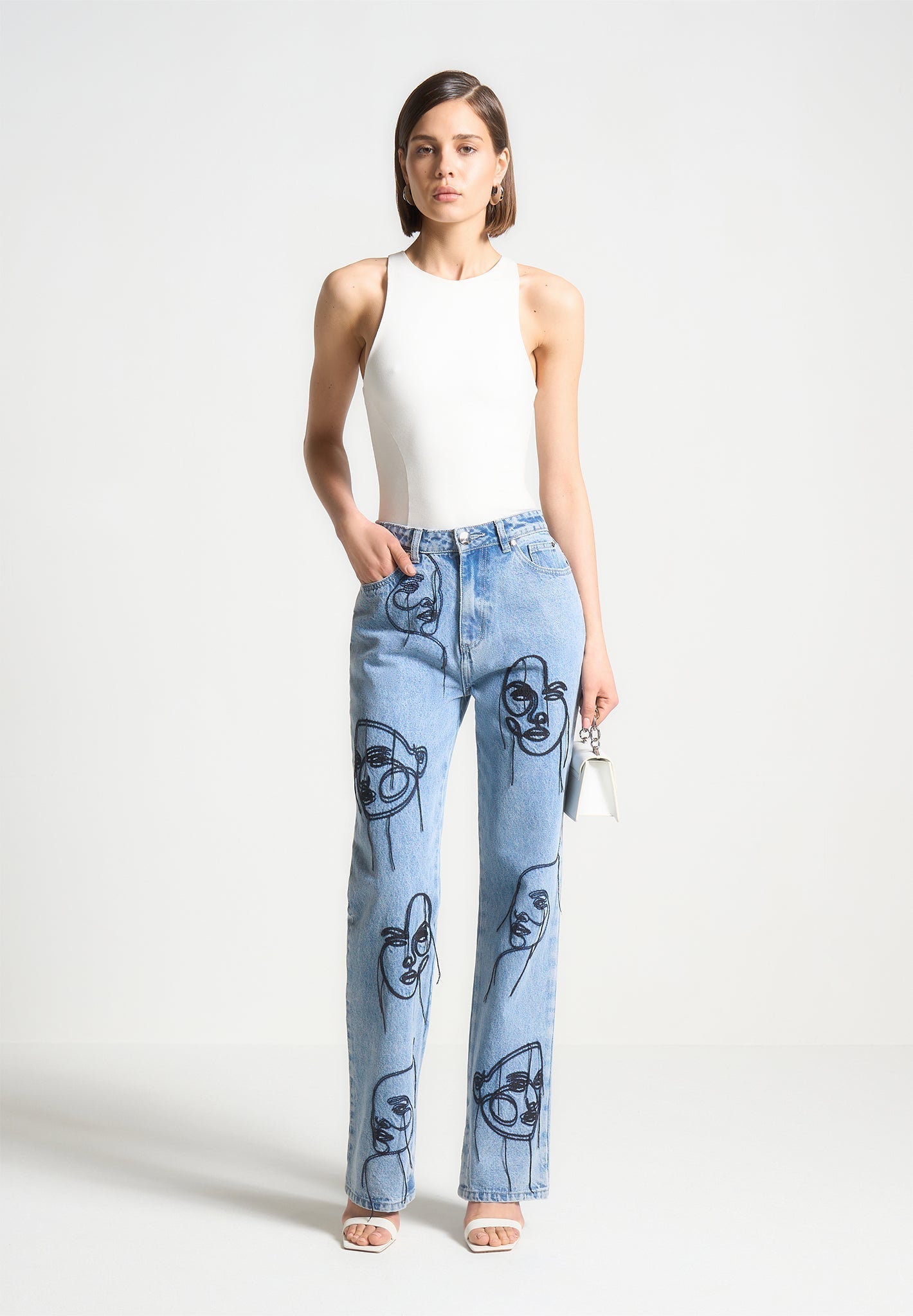 Audrey - Line Art Straight Leg Jeans - Mid Blue