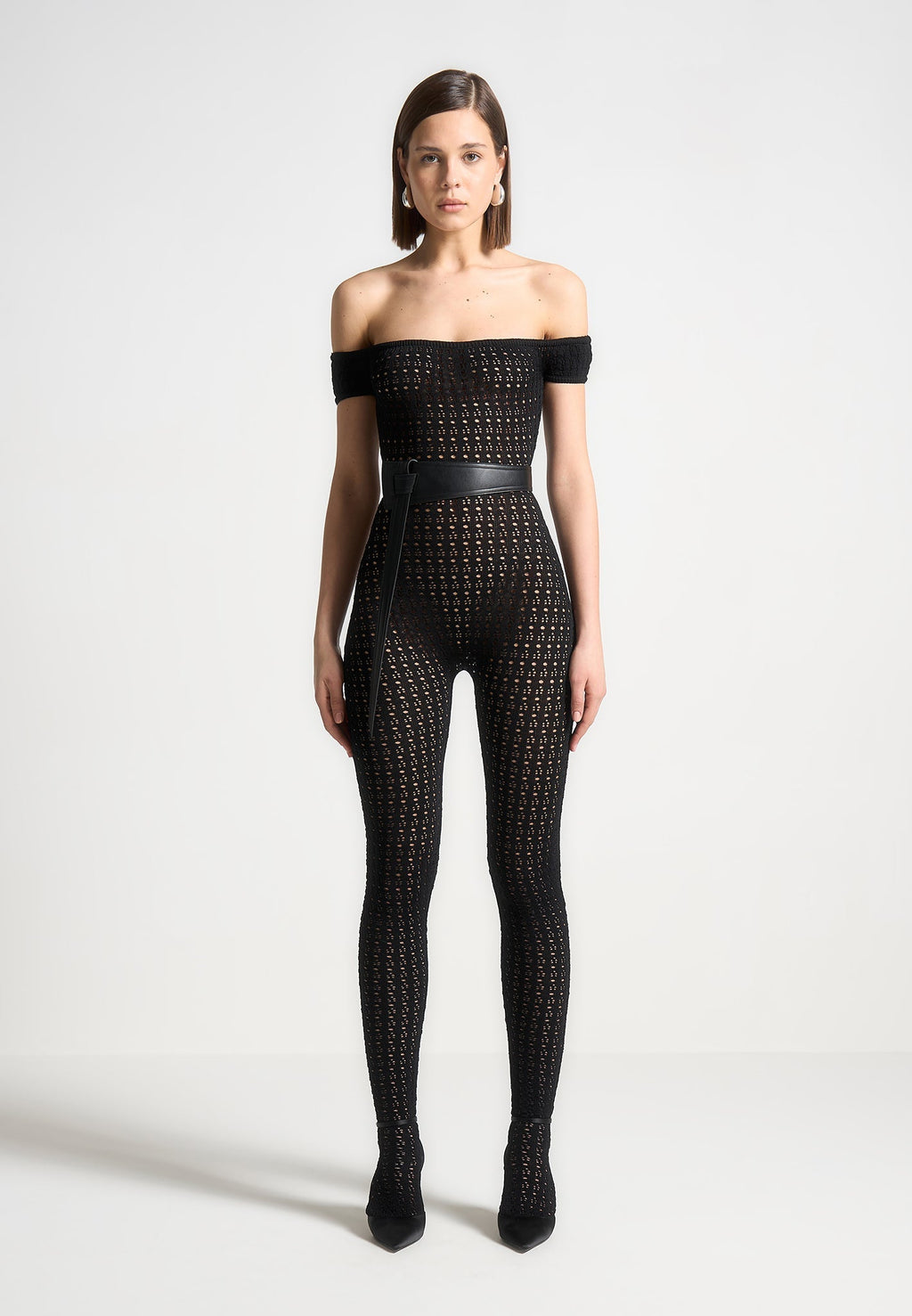 Martine - Pointelle Knit Bardot Jumpsuit with Belt - Black