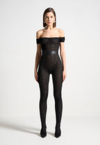 Martine - Pointelle Knit Bardot Jumpsuit with Belt - Black