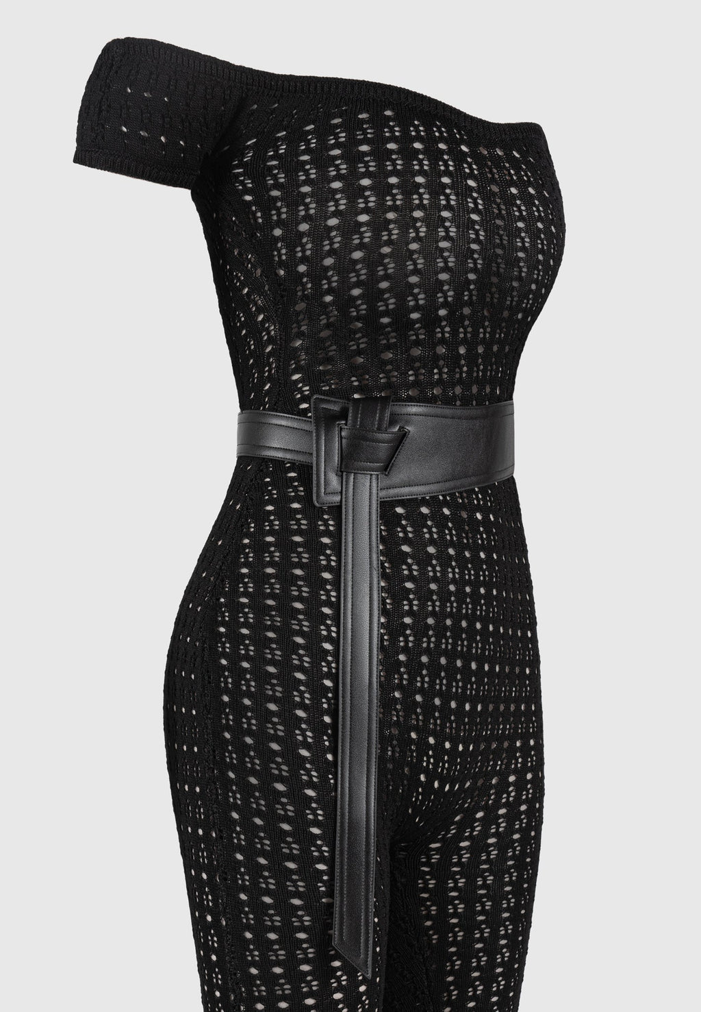 Martine - Pointelle Knit Bardot Jumpsuit with Belt - Black