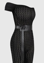 Martine - Pointelle Knit Bardot Jumpsuit with Belt - Black