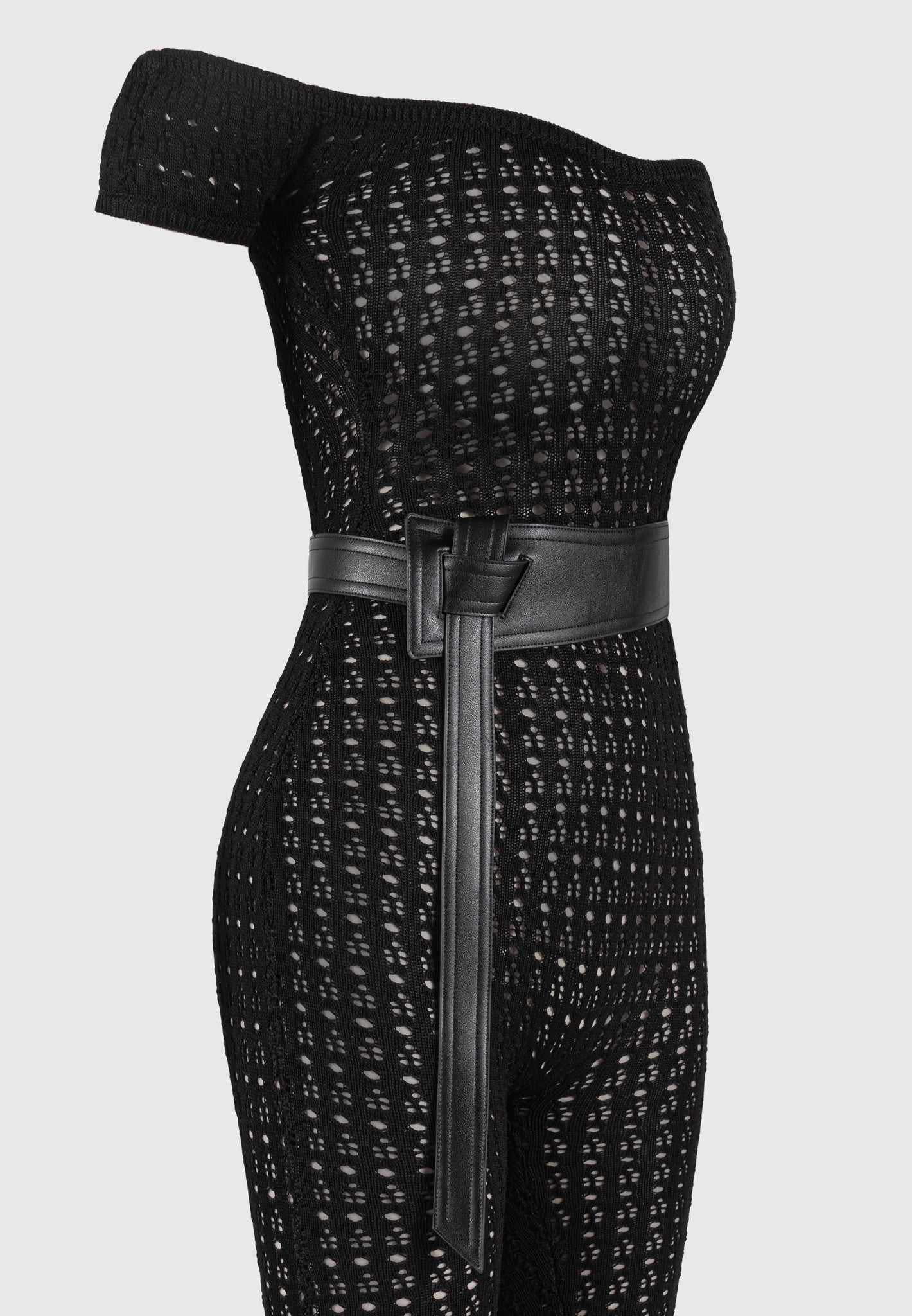 Martine - Pointelle Knit Bardot Jumpsuit with Belt - Black