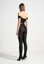 Martine - Pointelle Knit Bardot Jumpsuit with Belt - Black