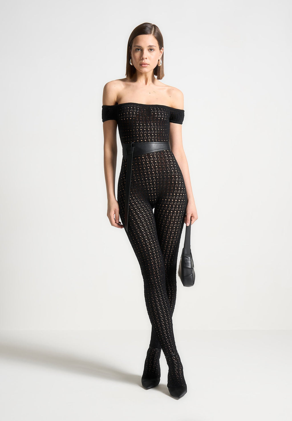 Martine - Pointelle Knit Bardot Jumpsuit with Belt - Black