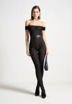 Martine - Pointelle Knit Bardot Jumpsuit with Belt - Black