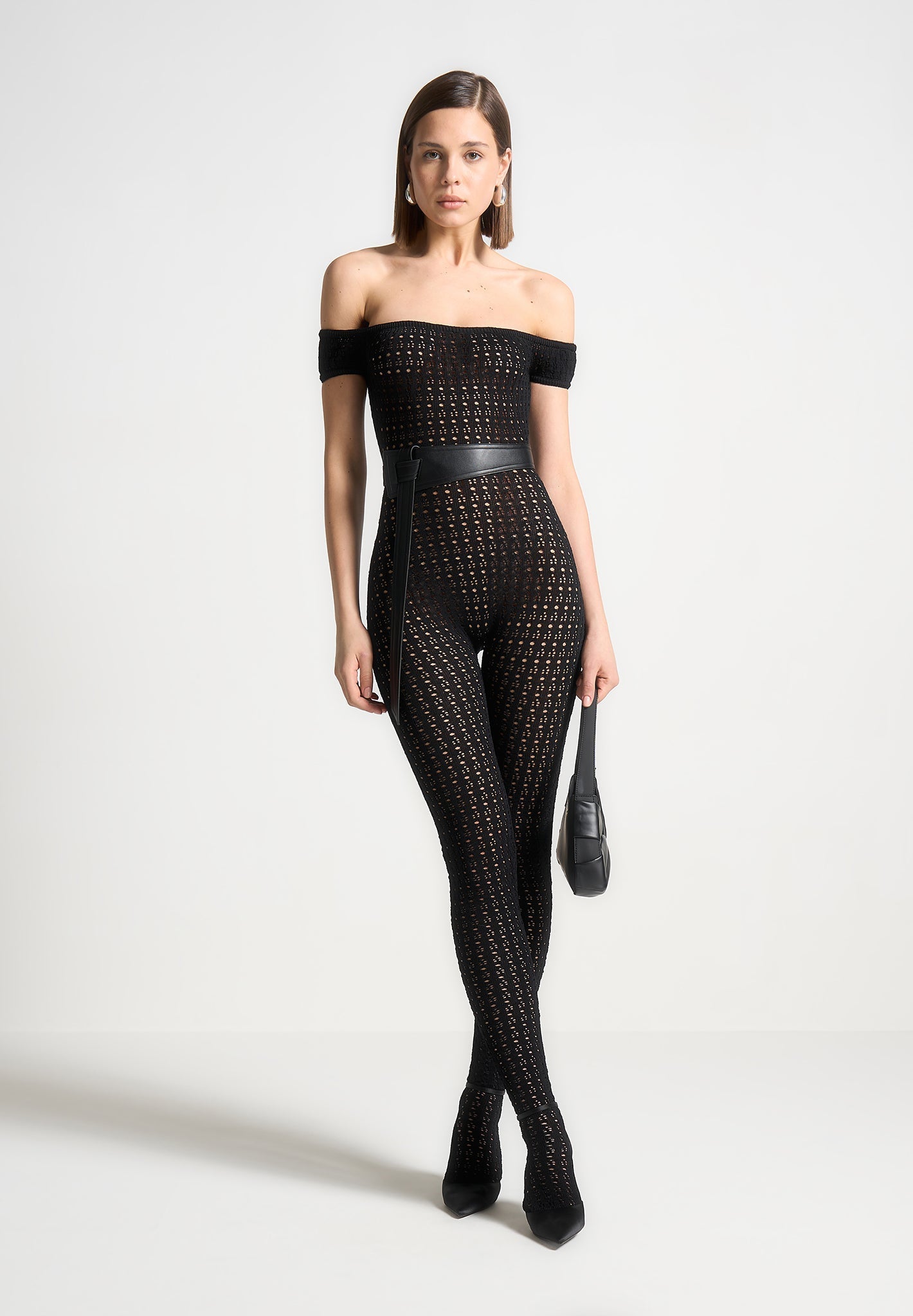 Martine - Pointelle Knit Bardot Jumpsuit with Belt - Black
