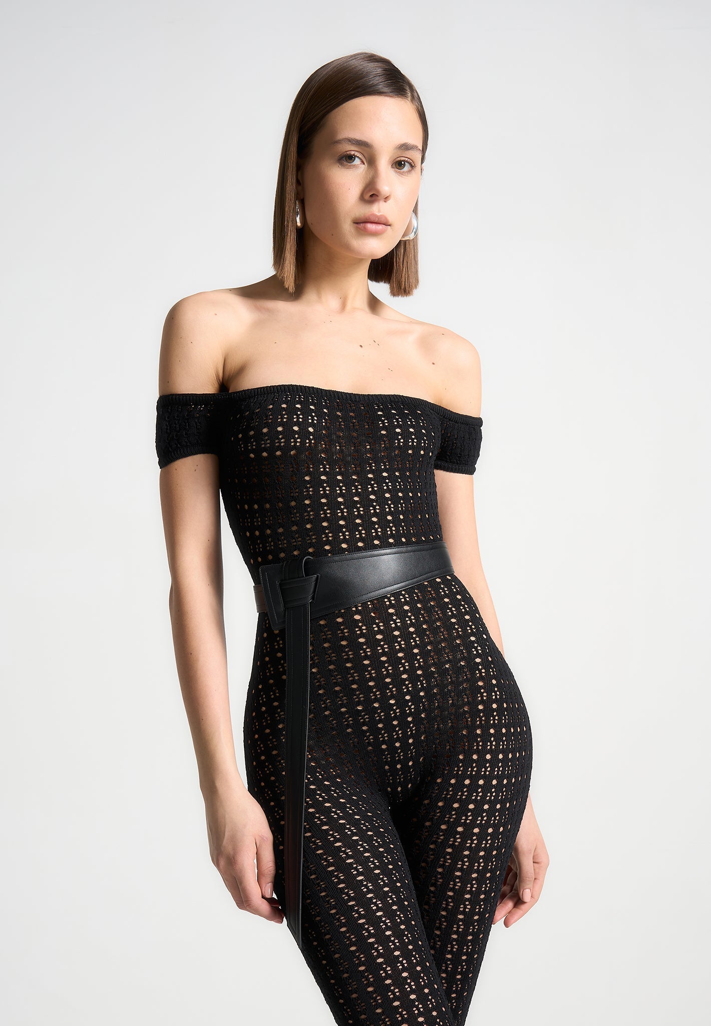 Martine - Pointelle Knit Bardot Jumpsuit with Belt - Black