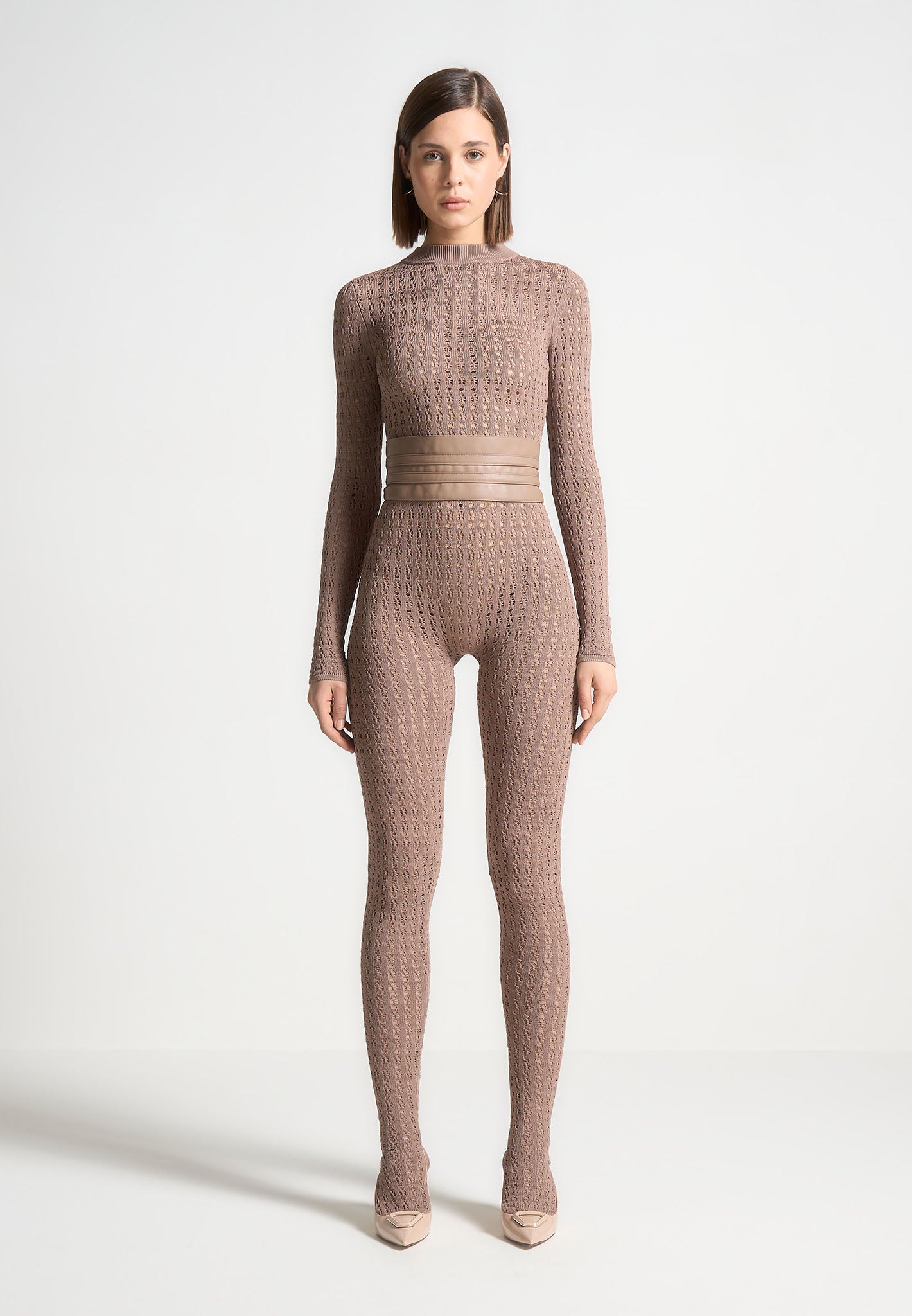 Chantal - Pointelle Knit Long Sleeve Jumpsuit with Belt - Taupe
