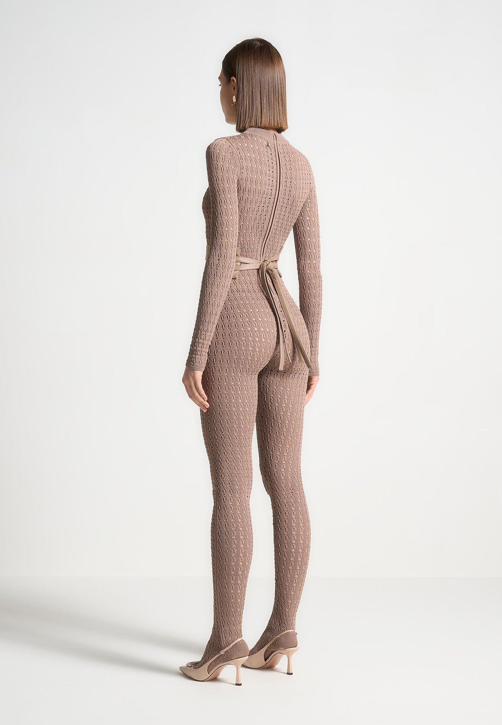 Chantal - Pointelle Knit Long Sleeve Jumpsuit with Belt - Taupe