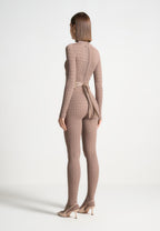 Chantal - Pointelle Knit Long Sleeve Jumpsuit with Belt - Taupe
