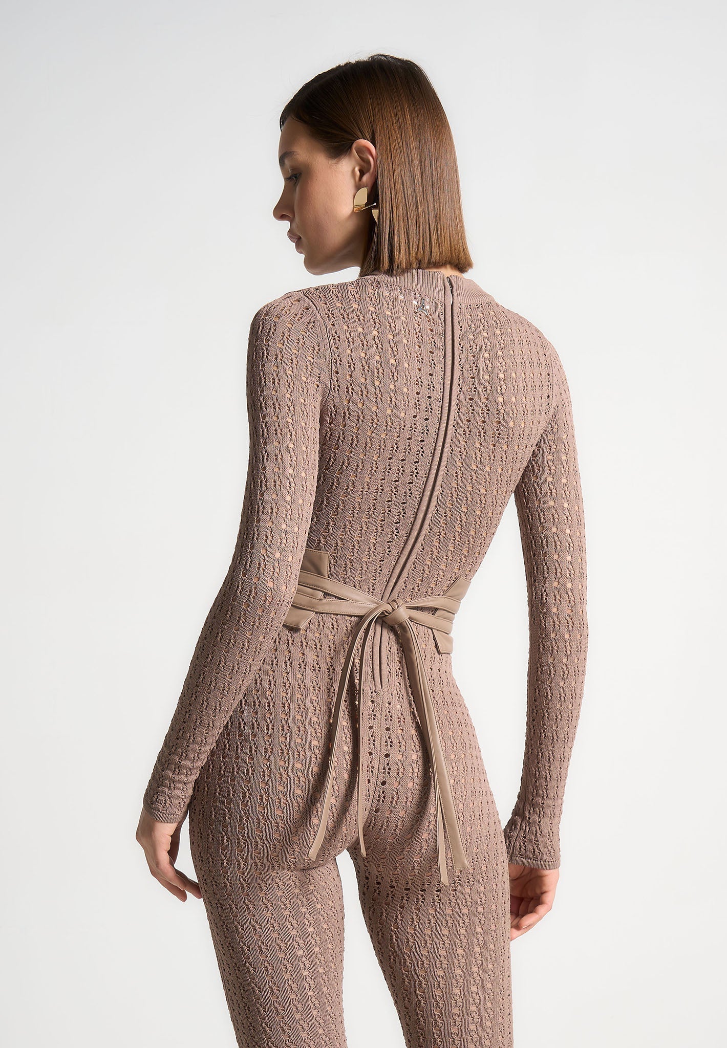 Chantal - Pointelle Knit Long Sleeve Jumpsuit with Belt - Taupe