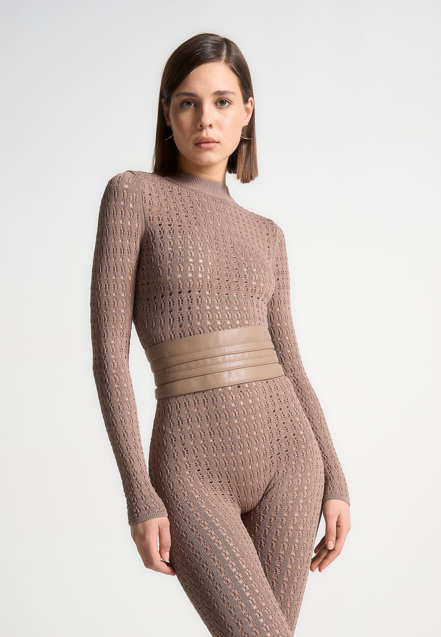 Chantal - Pointelle Knit Long Sleeve Jumpsuit with Belt - Taupe