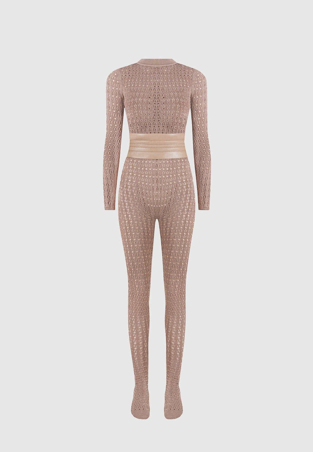 Chantal - Pointelle Knit Long Sleeve Jumpsuit with Belt - Taupe