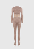 Chantal - Pointelle Knit Long Sleeve Jumpsuit with Belt - Taupe