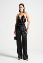 Satin Cowl Neck Top with Chain Detail - Black