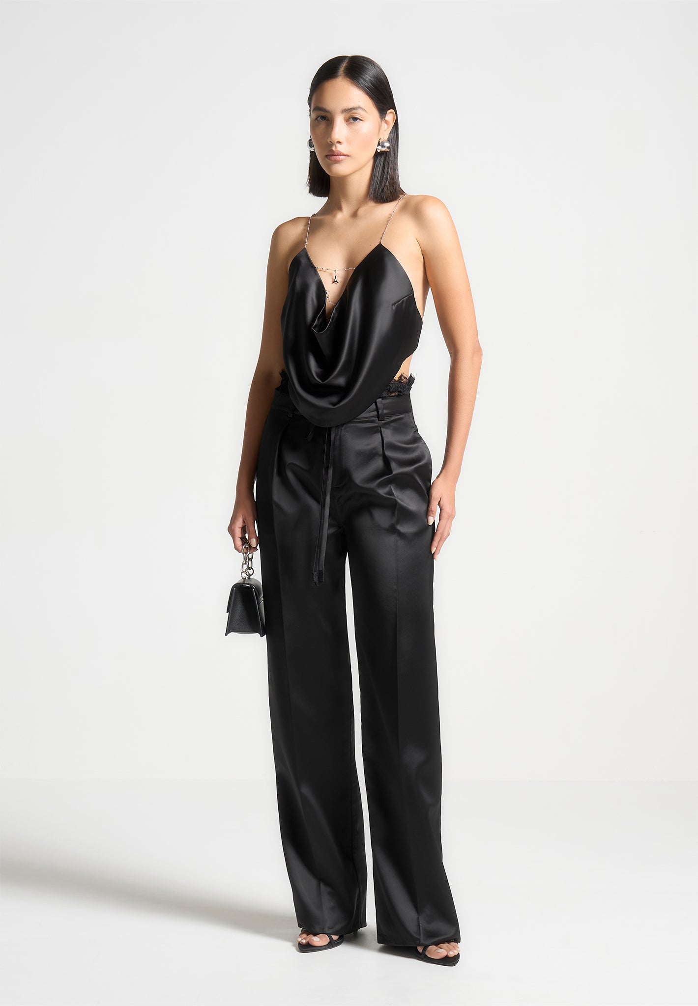 Satin Cowl Neck Top with Chain Detail - Black