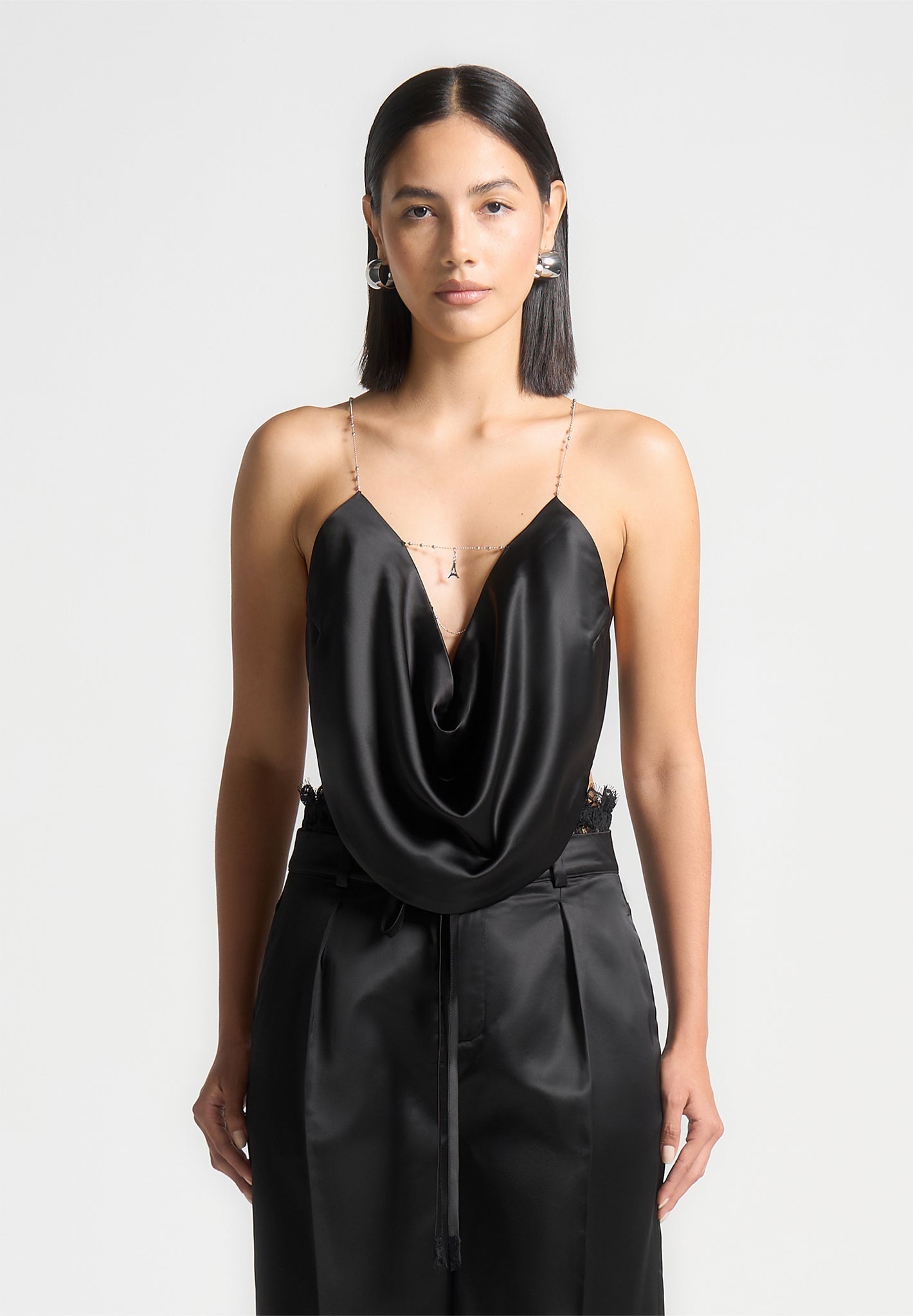Satin Cowl Neck Top with Chain Detail - Black