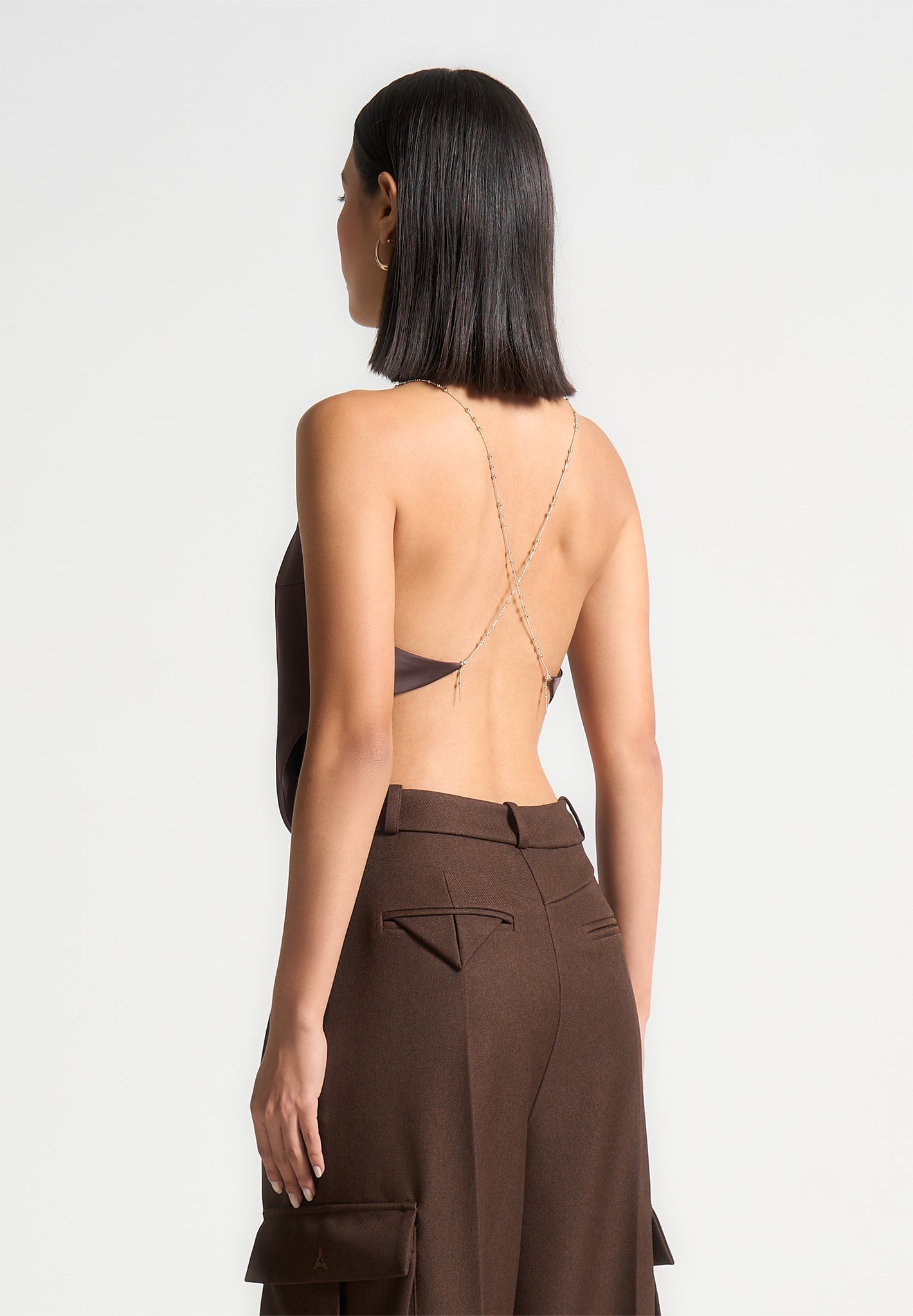 Satin Cowl Neck Top with Chain Detail - Brown