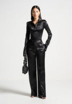 Louise - Wide Shoulder Satin Shirt Bodysuit - Black