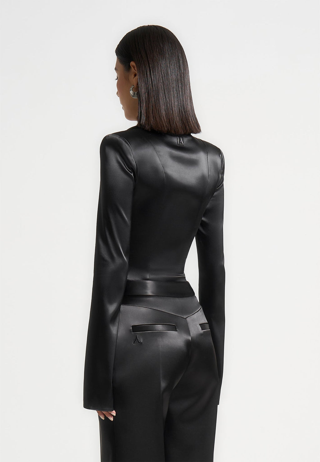 Louise - Wide Shoulder Satin Shirt Bodysuit - Black