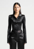 Louise - Wide Shoulder Satin Shirt Bodysuit - Black