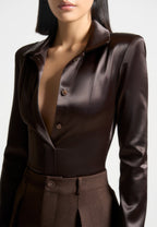 Louise - Wide Shoulder Satin Shirt Bodysuit - Brown