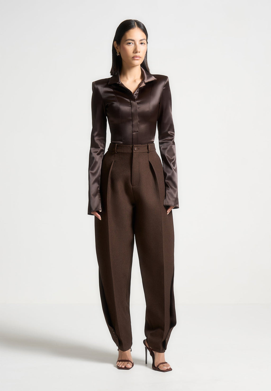 Louise - Wide Shoulder Satin Shirt Bodysuit - Brown