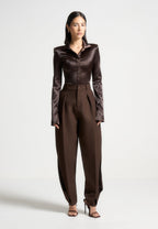 Louise - Wide Shoulder Satin Shirt Bodysuit - Brown
