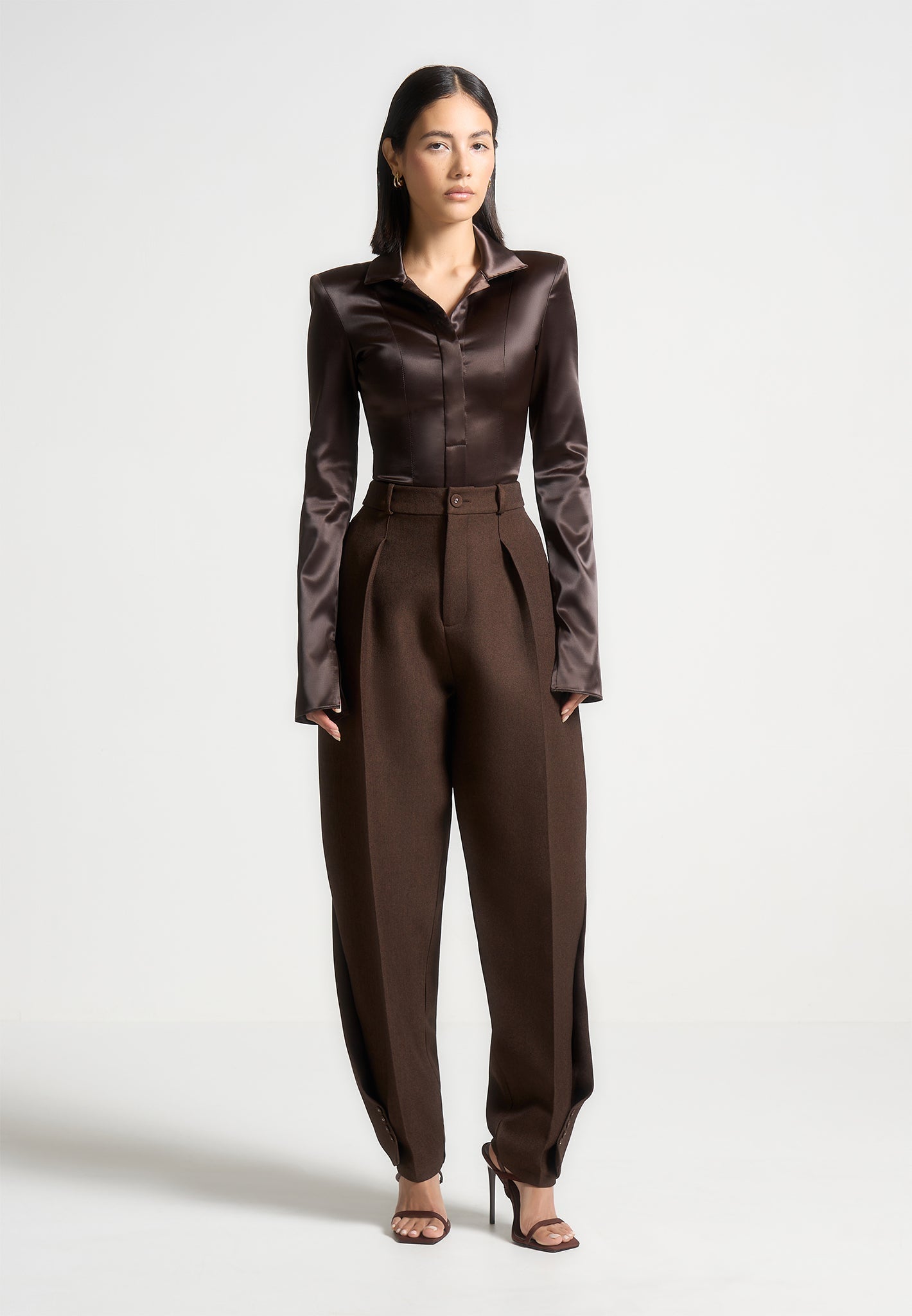 Louise - Wide Shoulder Satin Shirt Bodysuit - Brown