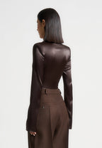 Louise - Wide Shoulder Satin Shirt Bodysuit - Brown