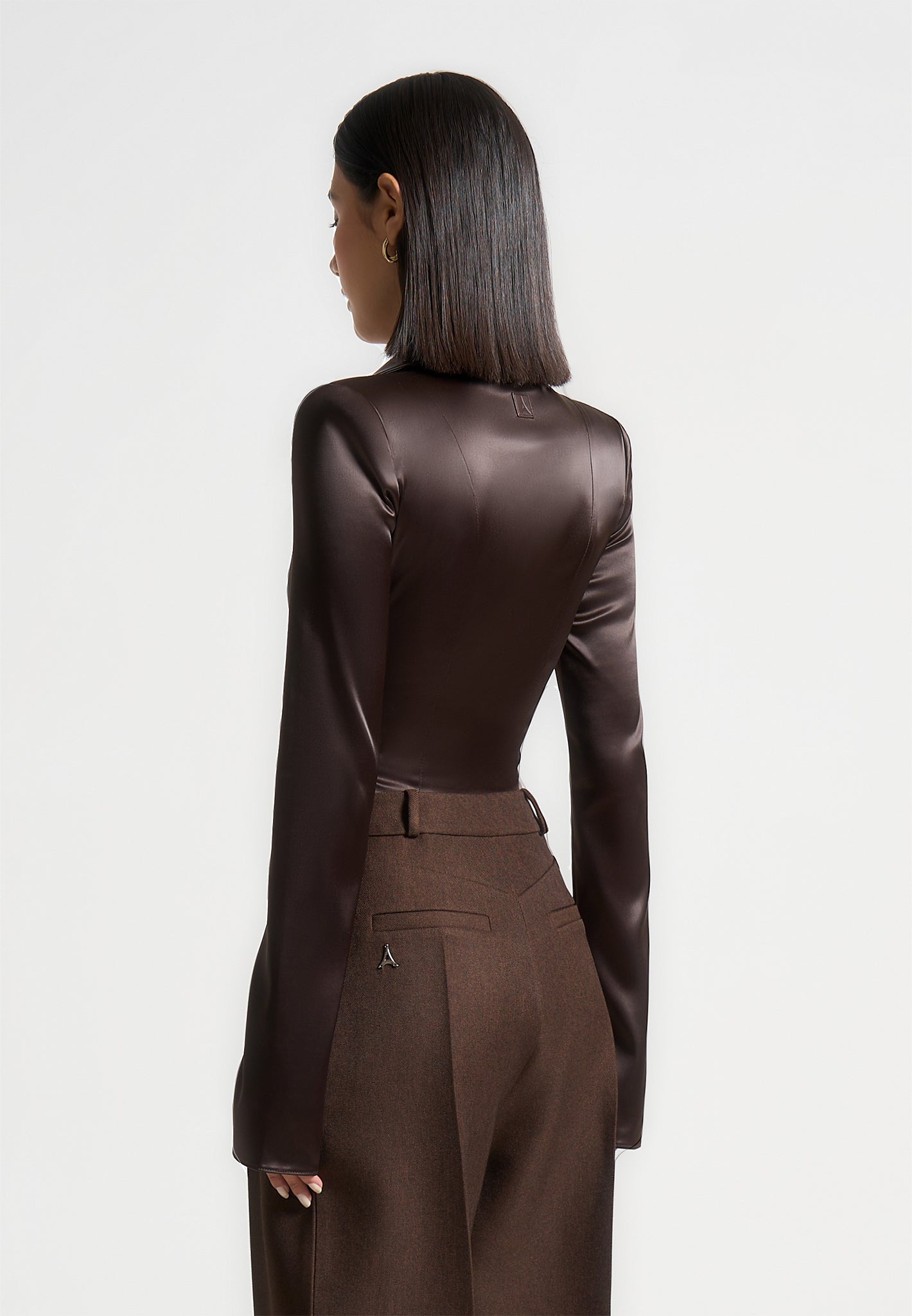 Louise - Wide Shoulder Satin Shirt Bodysuit - Brown