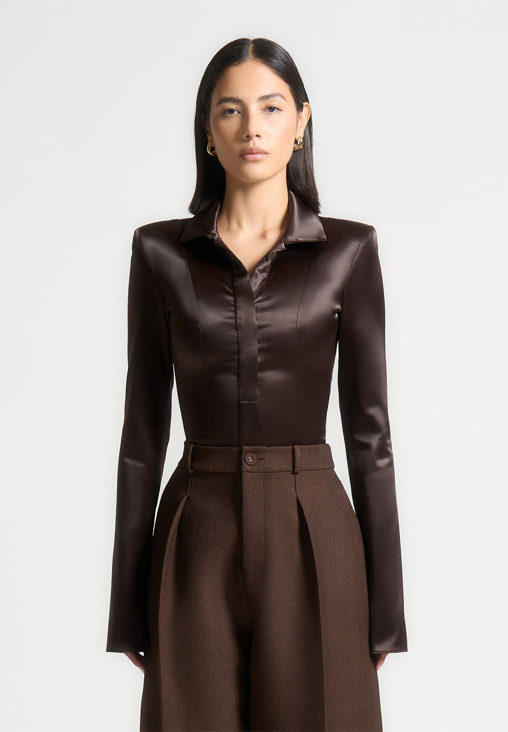Louise - Wide Shoulder Satin Shirt Bodysuit - Brown