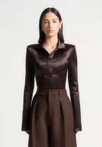 Louise - Wide Shoulder Satin Shirt Bodysuit - Brown