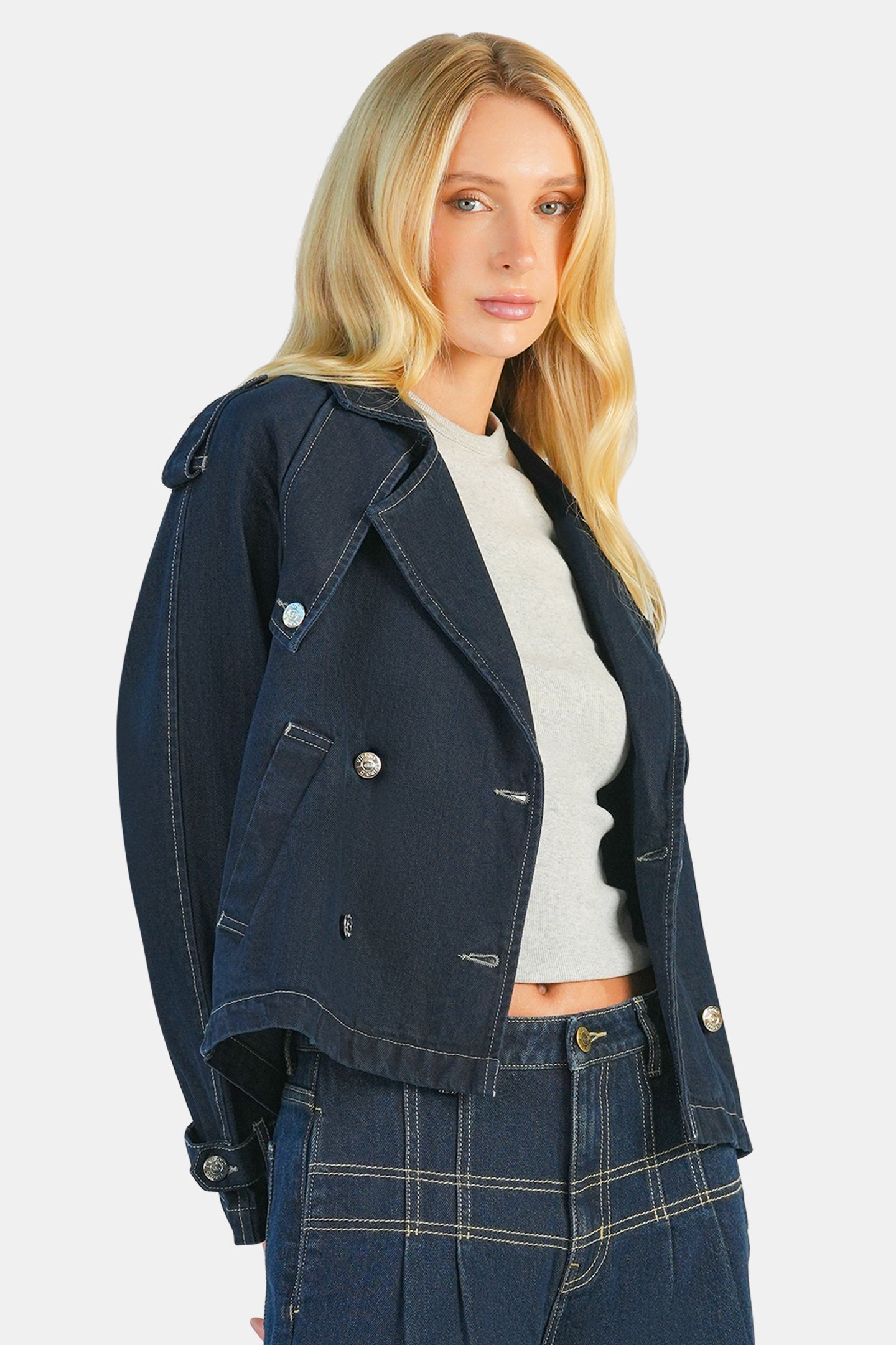 Kenna|100% Cotton Double Breasted Denim Blazer