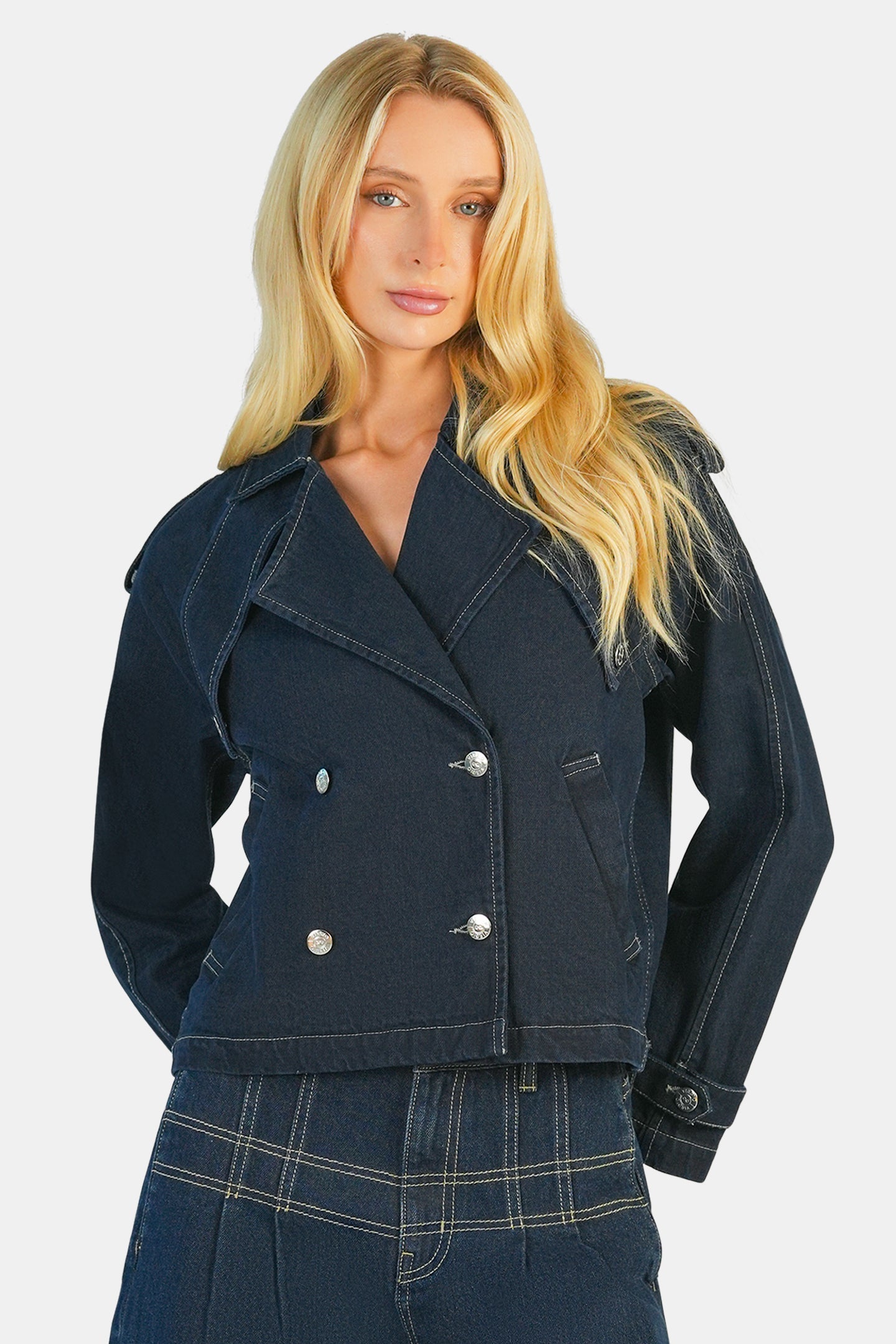 Kenna|100% Cotton Double Breasted Denim Blazer