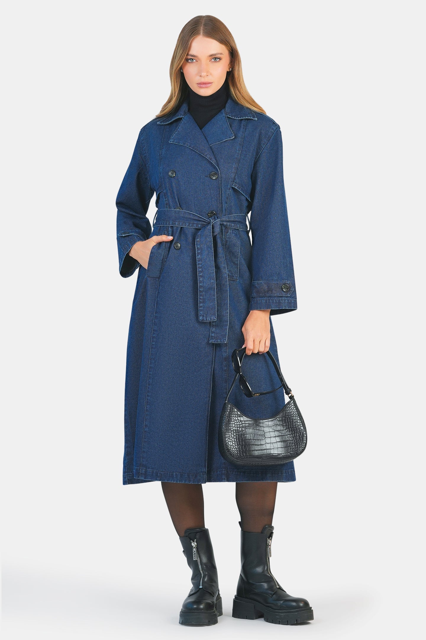 Lorna|100% Cotton Belted Denim Trench Coat