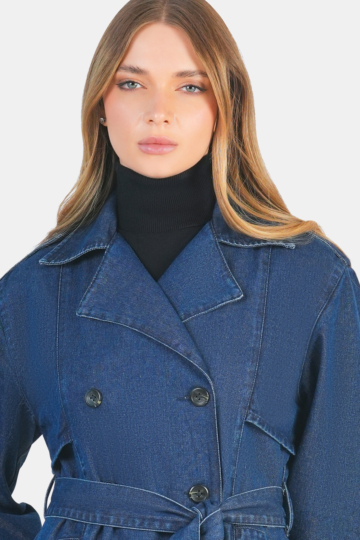 Lorna|100% Cotton Belted Denim Trench Coat