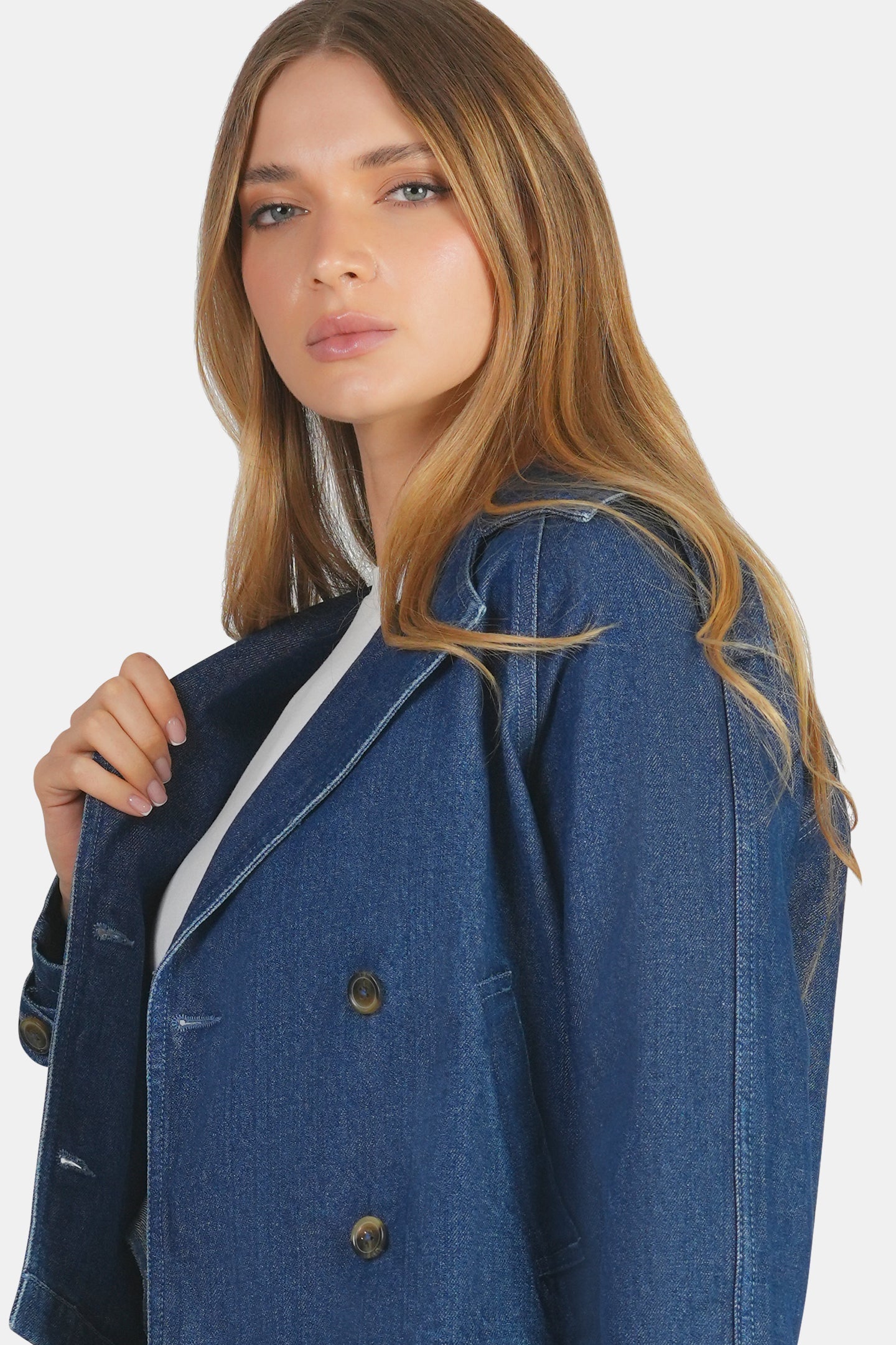 Rhona|100% Cotton Double Breasted Denim Blazer