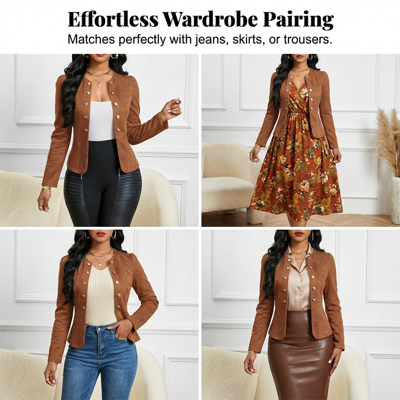 Women’s Collarless Open-Front Faux Suede Jacket