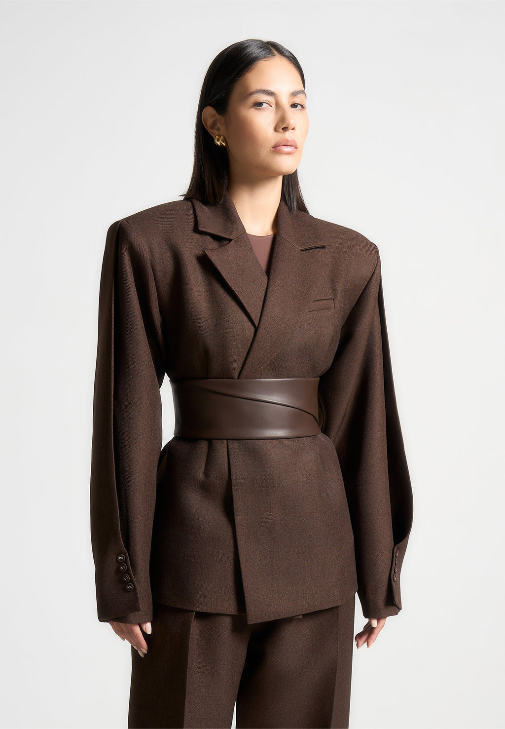 Marie - Twist Sleeve Tailored Blazer with Belt - Brown